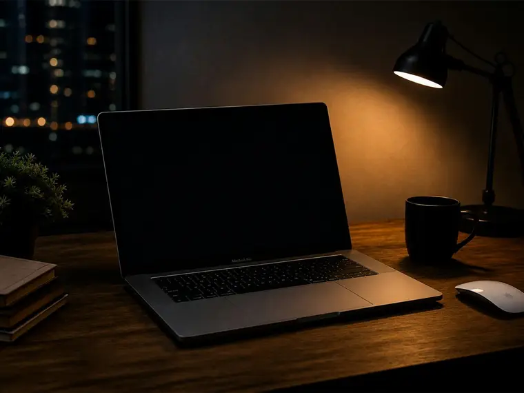 Laptop przy zapalonej lampce na ciemnym biurku