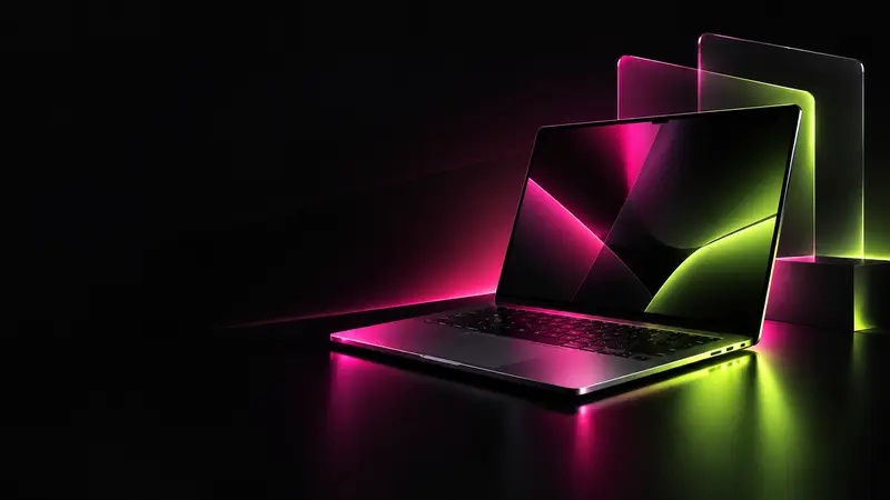 Laptop na ciemnym blacie w różowo-limonkowej poświacie, za nim szklane tafle
